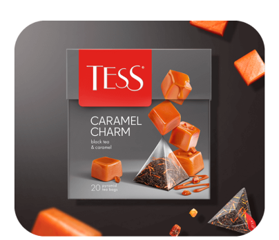 Black tea with cream flavor and caramel pieces TESS Caramel Charm piramids 20pcs. photo