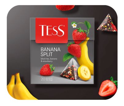 Black tea with banana and strawberry flavour TESS Banana Split piramids 20pcs. photo