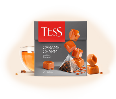 Black tea with cream flavor and caramel pieces TESS Caramel Charm piramids 20pcs. photo