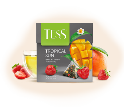 Mango and strawberry flavored green tea with herbal ingredients TESS Tropical Sun piramids 20pcs. photo